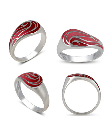 Colección Nerida - Anillo de plata con motivo de olas y coral rojo desde diferentes ángulos