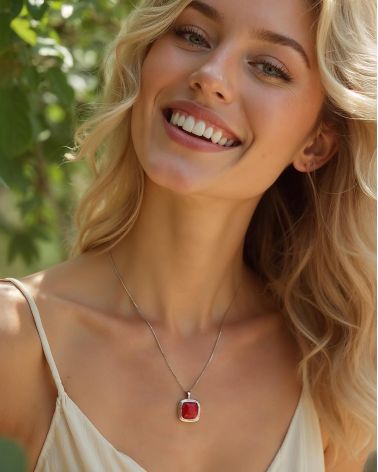 Colgante Elegancia Marina puesto - Joya de Coral Rojo sobre Escote - Estilo Chic Contemporáneo