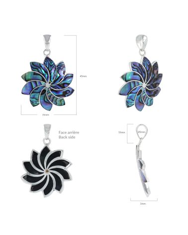 Conjunto de Colgantes Flor de Nácar Abulón - Joyas Artesanales de Plata 925 - Diferentes Acabados - Visto Desde Diferentes Ángul