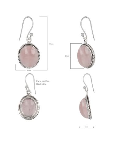Boucles d'oreille en Quartz rose de forme ovale et belle monture chaînage argent massif 925 rhodié