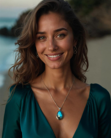 Pendentif JANA porté : Mettez en valeur votre décolleté avec l'éclat unique de la labradorite.