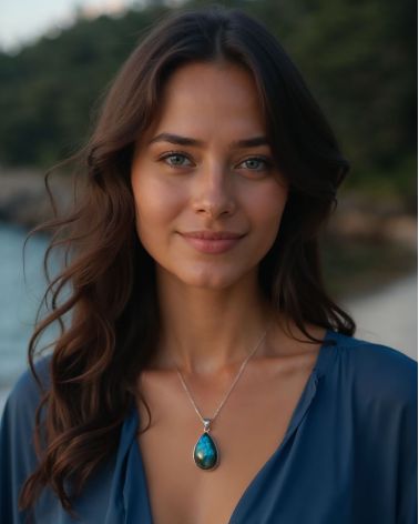 Eleganza naturale – Ciondolo in labradorite su una silhouette femminile, bagliore incantevole.