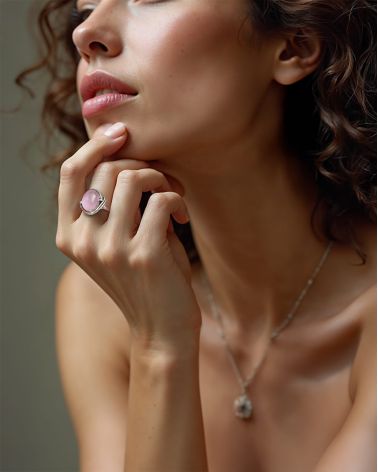 925 Sterling Silver Pink Quartz oval Shape Ring
