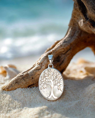 Colgante Árbol de la Vida en Nácar Blanco y Plata 925 - Diseño Ovalado