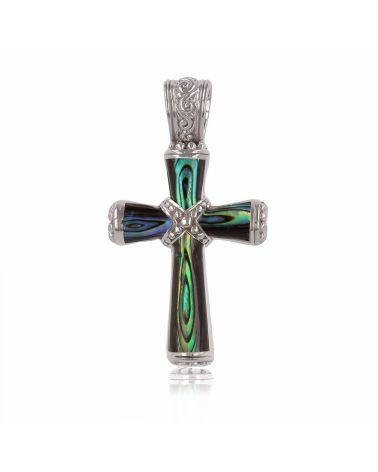 925 Sterling Silver Abalone Mother-of-pearl Cross Shape Pendant