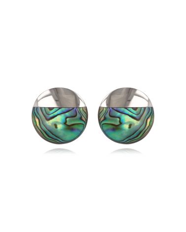 Boucles d'oreilles disque Nacre abalone sertie argent rhodié