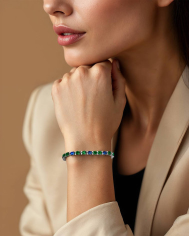 925 Rhodium-Plated Silver Bracelet with Emeralds and Sapphires - Annie Model