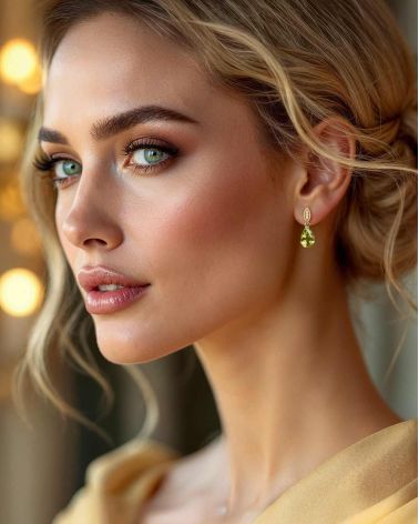 Boucles d’Oreilles Péridot et Diamants portées – Élégance et fraîcheur