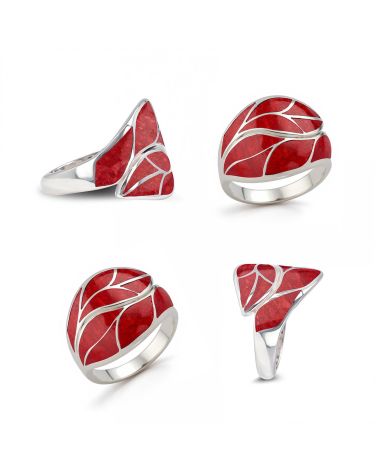 Coral and Sterling Silver Ring 925 - Elegant Leaf Motif