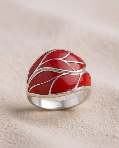 Korallen- und Sterlingsilberring 925 - Elegantes Blattmotiv