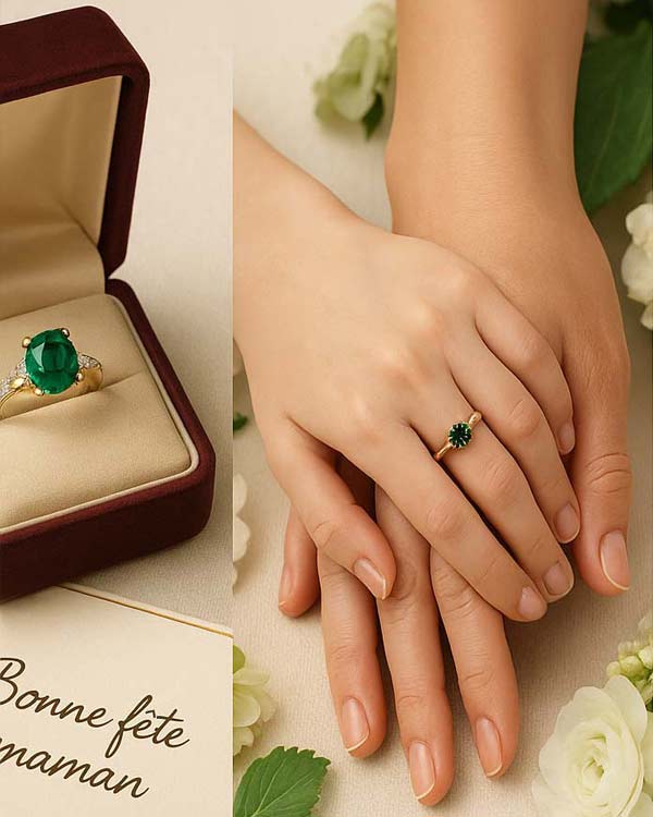 Femme portant des bijoux en or avec pierres précieuses, mettant en valeur une sélection de bagues Aden pour la fête des mères.