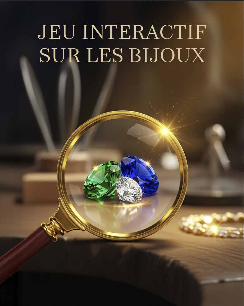 Loupe dorée examinant trois pierres précieuses (verte, bleue, blanche) sur un fond d'atelier de joaillier, illustrant le jeu interactif 'Le Détective des Pierres'.